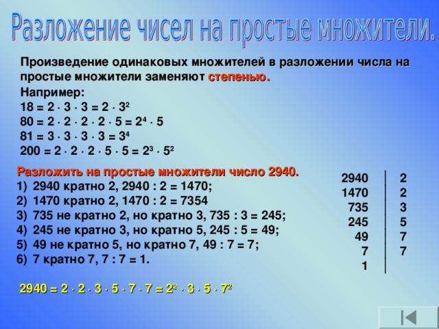 Представить в виде произведения одинаковых множителей. Как разложить число со степенью. Разложение числа в степени на множители.