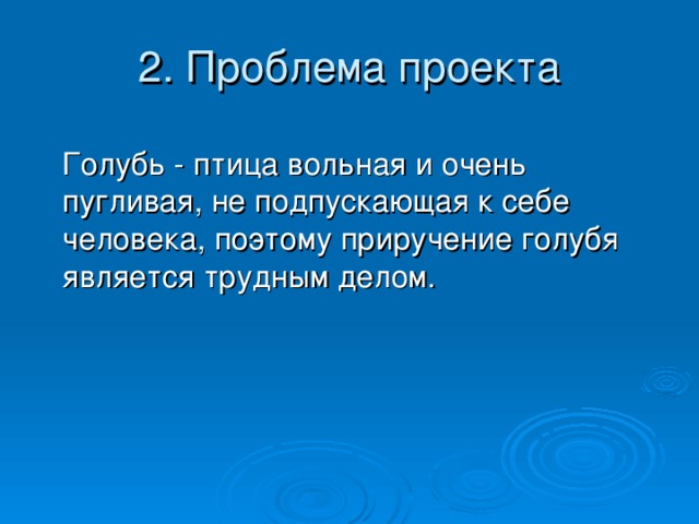 2. Проблема проекта  Голубь - птица вольная и очень пугливая, не подпускающая к себе человека, поэтому приручение голубя является трудным делом.