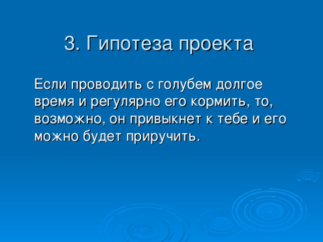 3. Гипотеза проекта  Если проводить с голубем долгое время и регулярно его кормить, то, возможно, он привыкнет к тебе и его можно будет приручить.