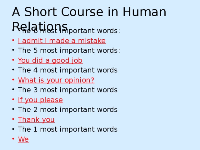 A Short Course in Human Relations