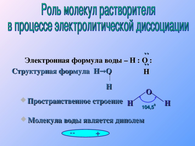 : : Электронная формула воды – Н : О :  Структурная формула   Н →О  Н    Н Пространственное строение  O H H Молекула воды является диполем    104,5 0 -- +