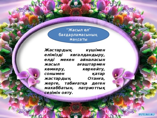 “ Жасыл ел” бағдарламасының мақсаты Жастардың күшімен елімізді көгалдандыру, елді мекен айналасын жасыл ағаштармен көмкеру, көркейту, сонымен қатар жастардың Отанға, жерге, табиғатқа деген махаббатын, патриоттық сезімін ояту.