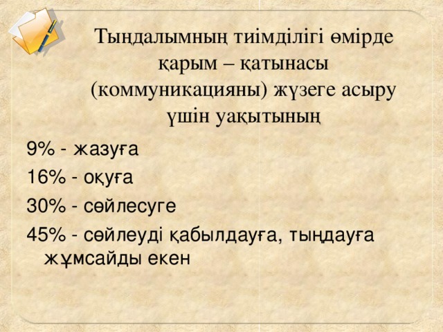 Ты ңдалымның тиімділігі өмірде қарым – қатынасы (коммуникацияны) жүзеге асыру үшін уақытының 9 % - жазуға 16% - оқуға 30% - сөйлесуге 45% - сөйлеуді қабылдауға, тыңдауға жұмсайды екен