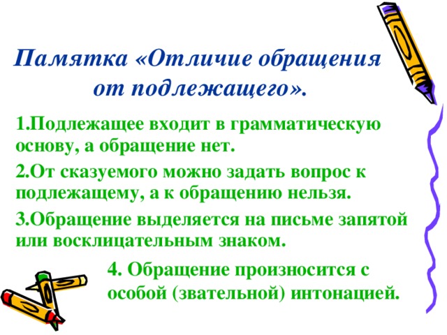 Памятка «Отличие обращения  от подлежащего». 1 .Подлежащее входит в грамматическую основу, а обращение нет. 2.От сказуемого можно задать вопрос к подлежащему, а к обращению нельзя. 3.Обращение выделяется на письме запятой или восклицательным знаком. 4. Обращение произносится с особой (звательной) интонацией.