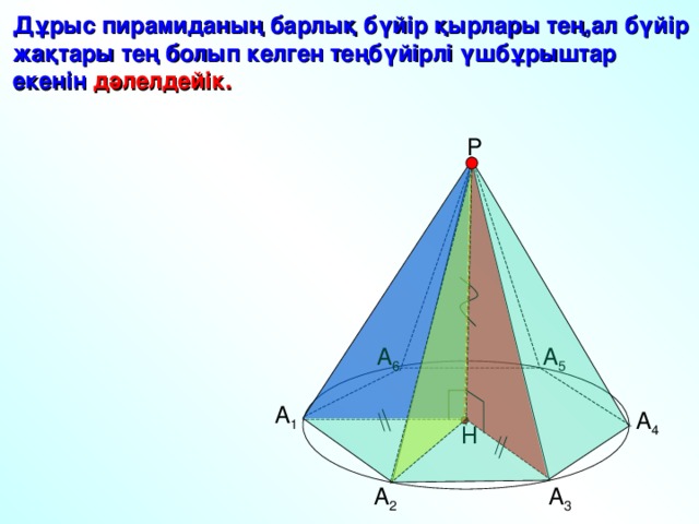 Дұрыс пирамиданың барлық бүйір қырлары тең,ал бүйір жақтары тең болып келген теңбүйірлі үшбұрыштар екенін дәлелдейік. Р А 5 А 6 А 1 А 4 Н А 2 А 3