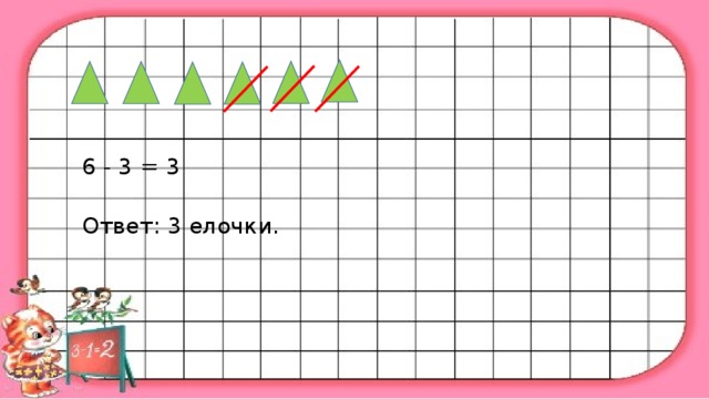 6 - 3 = 3  Ответ: 3 елочки.