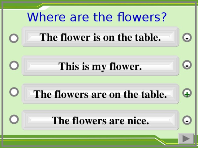Where are the flowers ?  The flower is on the table. - This is my flower. - The flowers are on the table. + The flowers are nice. -