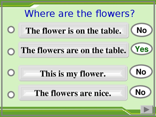 Where are the flowers ?  The flower is on the table. No The flowers are on the table. Yes No This is my flower. The flowers are nice. No