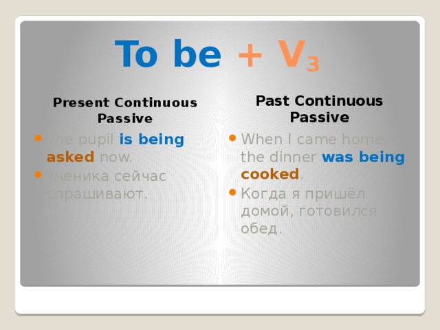 To be + V 3 Present Continuous Passive Past Continuous Passive