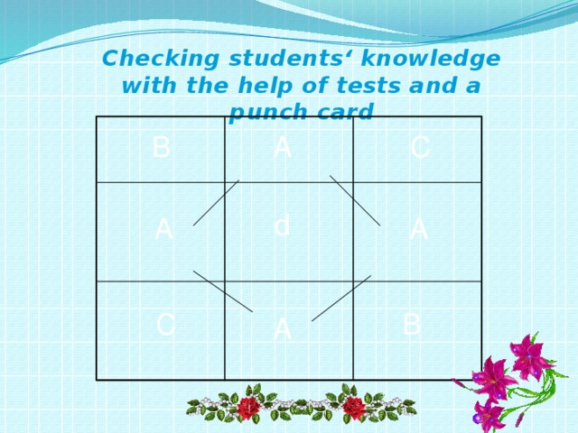 Checking students‘ knowledge with the help of tests and a punch card B A C d A A C B A