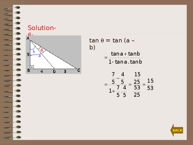 Solution-6: tan  = tan (a – b) BACK