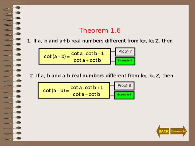 Theorem 1.6 1. If a, b and a+b real numbers different from k  , k  Z, then Proof-7 Example-7 2. If a, b and a-b real numbers different from k  , k  Z, then Proof-8 Example-8 BACK Theorem 1.7