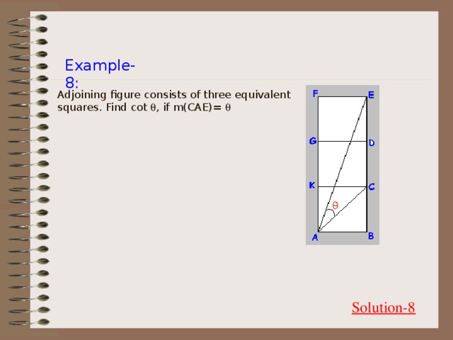 Example-8: Adjoining figure consists of three equivalent squares. Find cot  , if m(CAE)=  Solution-8