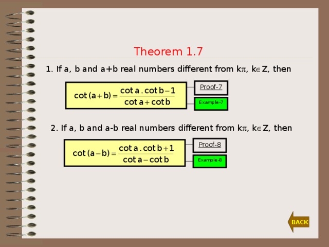 Theorem 1.7 1. If a, b and a+b real numbers different from k  , k  Z, then Proof-7 Example-7 2. If a, b and a-b real numbers different from k  , k  Z, then Proof-8 Example-8 BACK