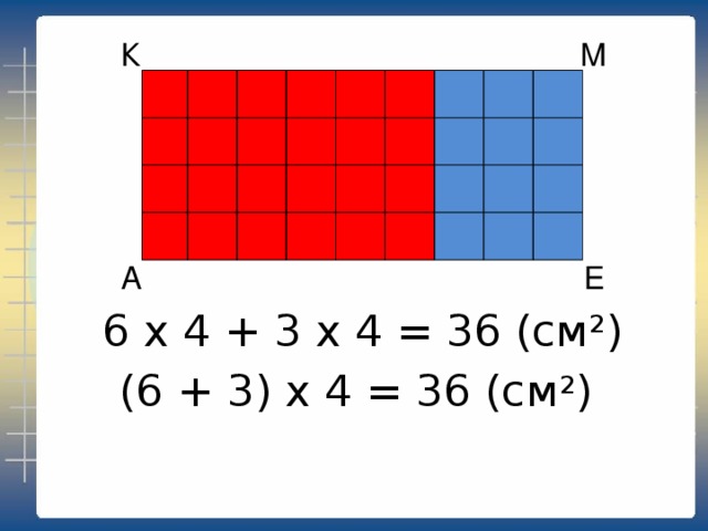 М К                                                                        А Е 6 х 4 + 3 х 4 = 36 (см 2 ) (6 + 3) х 4 = 36 (см 2 )