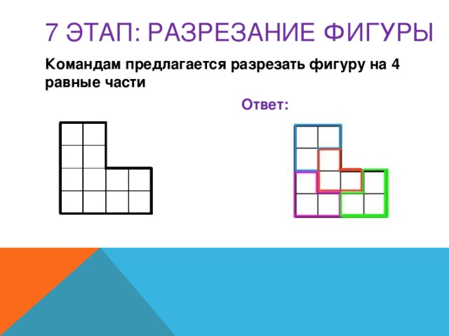 7 этап: РАЗРЕЗАНИЕ ФИГУРЫ Командам предлагается разрезать фигуру на 4 равные части   Ответ: