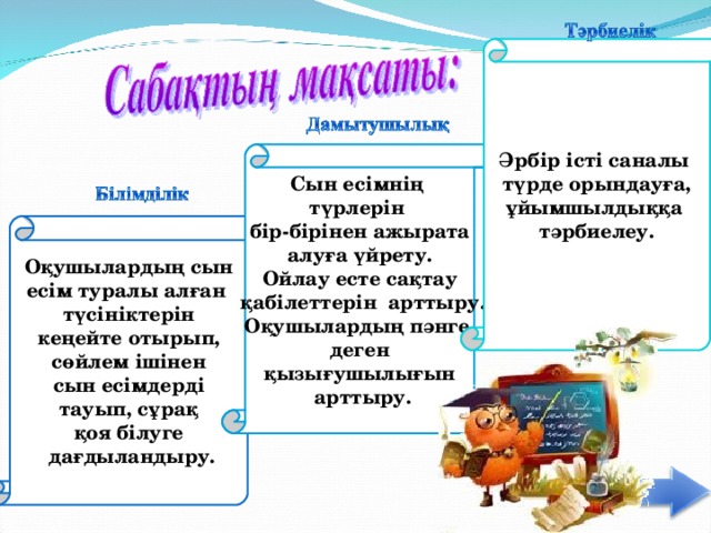 Әрбір істі саналы түрде орындауға, ұйымшылдыққа тәрбиелеу. Сын есімнің түрлерін бір-бірінен ажырата алуға үйрету. Ойлау есте сақтау  қабілеттерін арттыру. Оқушылардың пәнге деген қызығушылығын  арттыру. Оқушылардың сын есім туралы алған түсініктерін  кеңейте отырып, сөйлем ішінен сын есімдерді  тауып, сұрақ қоя білуге  дағдыландыру.