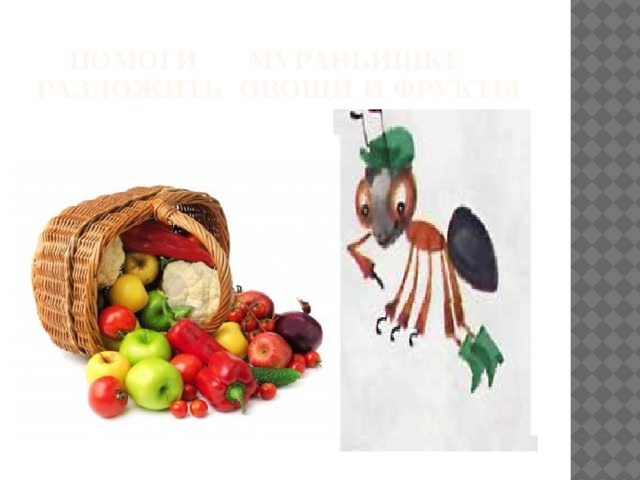 Помоги Муравьишке разложить овощи и фрукты