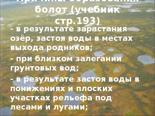 Причины образования болот (учебник стр.193)   - в результате зарастания озёр, застоя воды в местах выхода родников; - при близком залегании грунтовых вод; - в результате застоя воды в понижениях и плоских участках рельефа под лесами и лугами; - вечная мерзлота.