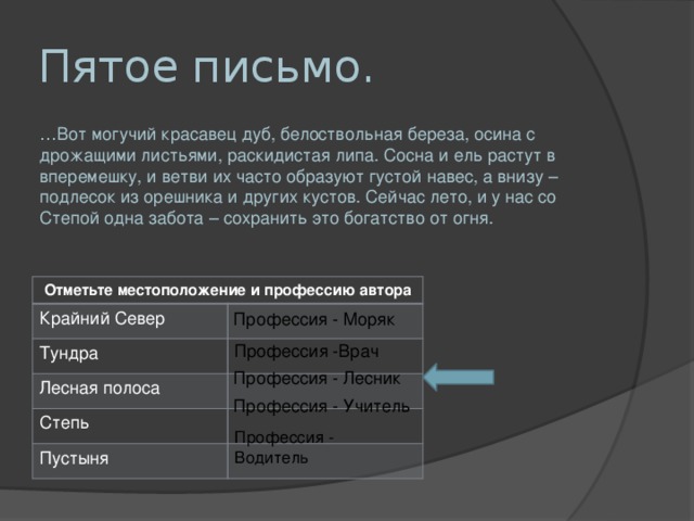 Пятое письмо. … Вот могучий красавец дуб, белоствольная береза, осина с дрожащими листьями, раскидистая липа. Сосна и ель растут в вперемешку, и ветви их часто образуют густой навес, а внизу – подлесок из орешника и других кустов. Сейчас лето, и у нас со Степой одна забота – сохранить это богатство от огня. Отметьте местоположение и профессию автора Крайний Север Тундра Лесная полоса Степь Пустыня Профессия - Моряк Профессия -Врач Профессия - Лесник Профессия - Учитель Профессия - Водитель