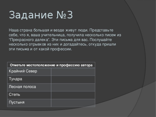 Задание №3 Наша страна большая и везде живут люди. Представьте себе, что я, ваша учительница, получила несколько писем из “Прекрасного далека”. Эти письма для вас. Послушайте несколько отрывков из них и догадайтесь, откуда пришли эти письма и от какой профессии. Отметьте местоположение и профессию автора Крайний Север Тундра Лесная полоса Степь Пустыня