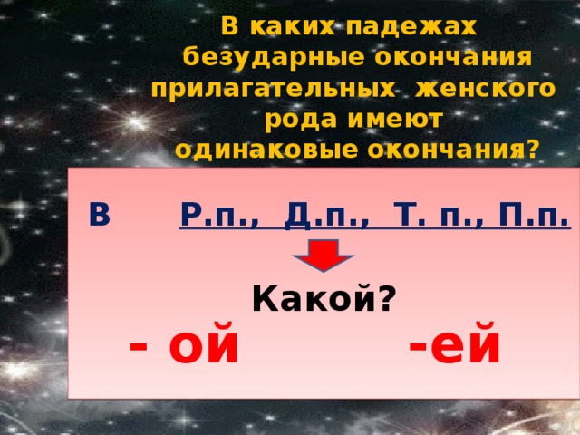 В каких падежах  безударные окончания прилагательных женского рода имеют  одинаковые окончания?  В Р.п., Д.п., Т. п., П.п.  - ой -ей Какой? 7