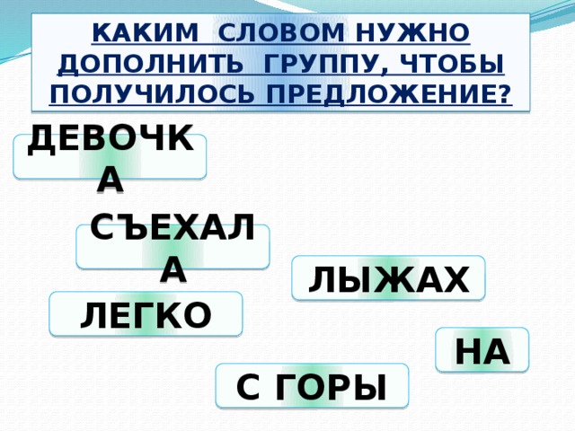 КАКИМ СЛОВОМ НУЖНО ДОПОЛНИТЬ ГРУППУ, ЧТОБЫ ПОЛУЧИЛОСЬ ПРЕДЛОЖЕНИЕ? ДЕВОЧКА СЪЕХАЛА ЛЫЖАХ ЛЕГКО НА С ГОРЫ