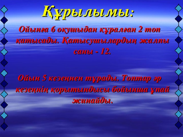 Құрылымы : Ойынға 6 оқушыдан құралған 2 топ қатысады. Қатысушылардың жалпы саны - 12.  Ойын 5 кезеңнен тұрады. Топтар әр кезеңнің қорытындысы бойынша ұпай жинайды.