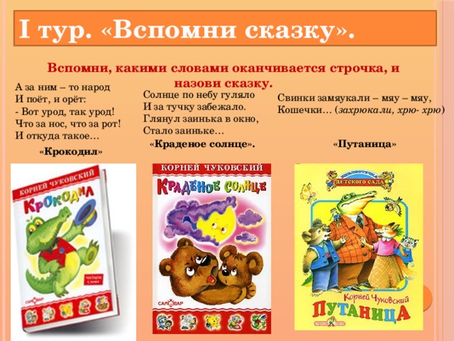 I тур. «Вспомни сказку». Вспомни, какими словами оканчивается строчка, и назови сказку.   А за ним – то народ  И поёт, и орёт:  - Вот урод, так урод!  Что за нос, что за рот!  И откуда такое… Солнце по небу гуляло  И за тучку забежало.  Глянул заинька в окно,  Стало заиньке… Свинки замяукали – мяу – мяу,  Кошечки… ( захрюкали, хрю- хрю ) «Краденое солнце». «Путаница» «Крокодил»