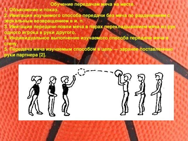 Обучение передачам мяча на месте. 1. Объяснение и показ. 2. Имитация изучаемого способа передачи без мяча по разделениям с зеркальным возвращением в и. п. 3. Имитация передачи-ловли мяча в парах перекладыванием мяча из рук одного игрока в руки другого. 4. Индивидуальное выполнение изучаемого способа передачи мяча в стену. 5. Передача мяча изучаемым способом в цель — заранее поставленные руки партнера [2].