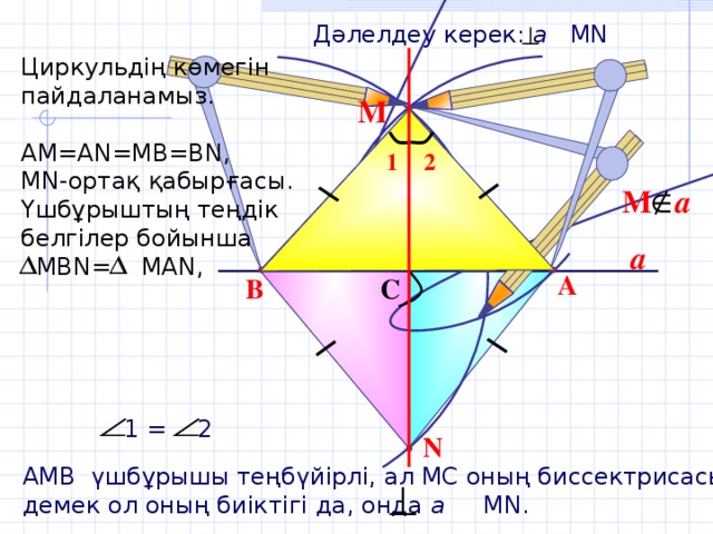 Дәлелдеу керек: а MN Циркульдің көмегін пайдаланамыз. АМ=А N=MB=BN , М N- ортақ қабырғасы . Үшбұрыштың теңдік белгілер бойынша  M В N = MAN , М 1 2 М a a A C B 1 = 2 N АМВ үшбұрышы теңбүйірлі, ал МС оның биссектрисасы, демек ол оның биіктігі да, онда а М N.