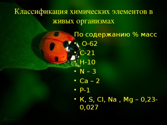 Классификация химических элементов в живых организмах По содержанию % масс