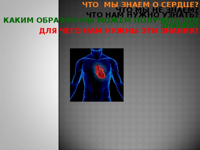 ЧТО МЫ ЗНАЕМ О СЕРДЦЕ? ЧТО МЫ НЕ ЗНАЕМ? ЧТО НАМ НУЖНО УЗНАТЬ? КАКИМ ОБРАЗОМ МЫ МОЖЕМ ПОЛУЧИТЬ ЭТИ ЗНАНИЯ? ДЛЯ ЧЕГО НАМ НУЖНЫ ЭТИ ЗНАНИЯ?