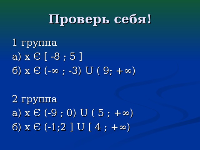 Проверь себя! 1 группа а) х Є [ -8 ; 5 ] б) х Є (-∞ ; -3) U ( 9; +∞) 2 группа а) х Є (-9 ; 0) U ( 5 ; +∞) б) х Є (-1;2 ] U [ 4 ; +∞)