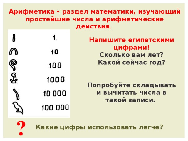 Арифметика – раздел математики, изучающий простейшие числа и арифметические действия . Напишите египетскими цифрами! Сколько вам лет? Какой сейчас год?   Попробуйте складывать и вычитать числа в такой записи. ? Какие цифры использовать легче?