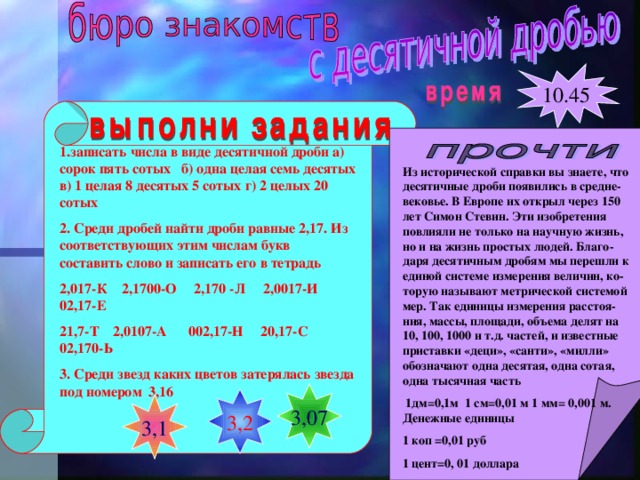 10.45 1.записать числа в виде десятичной дроби а) сорок пять сотых б) одна целая семь десятых в) 1 целая 8 десятых 5 сотых г) 2 целых 20 сотых 2. Среди дробей найти дроби равные 2,17. Из соответствующих этим числам букв составить слово и записать его в тетрадь 2,017-К 2,1700-О 2,170 -Л 2,0017-И 02,17-Е 21,7-Т 2,0107-А 002,17-Н 20,17-С 02,170-Ь 3. Среди звезд каких цветов затерялась звезда под номером 3,16  Из исторической справки вы знаете, что десятичные дроби появились в средне-вековье. В Европе их открыл через 150 лет Симон Стевин. Эти изобретения повлияли не только на научную жизнь, но и на жизнь простых людей. Благо-даря десятичным дробям мы перешли к единой системе измерения величин, ко-торую называют метрической системой мер. Так единицы измерения расстоя-ния, массы, площади, объема делят на 10, 100, 1000 и т.д. частей, и известные приставки «деци», «санти», «милли» обозначают одна десятая, одна сотая, одна тысячная часть  1дм=0,1м 1 см=0,01 м 1 мм= 0,001 м. Денежные единицы 1 коп =0,01 руб 1 цент=0, 01 доллара 3,07 3,2 3,1