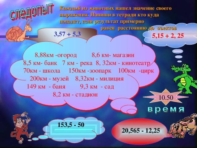 Каждый из животных нашел значение своего выражения. Напиши в тетради кто куда попадет, если результат примерно  равен расстоянию до оъектов  3,57 + 5,3   5,15 + 2, 25  8,88км -огород 8,6 км- магазин 8,5 км- банк 7 км - река 8, 32км - кинотеатр 70км - школа 150км -зоопарк 100км -цирк 200км - музей 8,32км - милиция  149 км - баня 9,3 км - сад  8,2 км - стадион 10.50  153,5 - 50  20,565 - 12,25