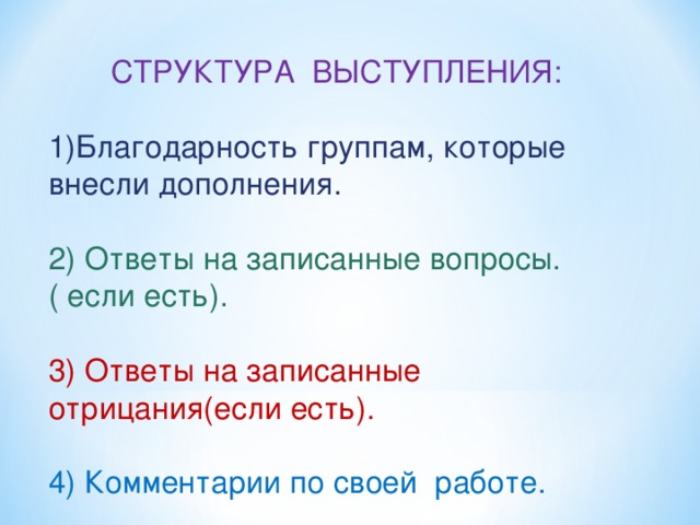 СТРУКТУРА ВЫСТУПЛЕНИЯ: 1)Благодарность группам, которые внесли дополнения. 2) Ответы на записанные вопросы. ( если есть). 3) Ответы на записанные отрицания(если есть). 4) Комментарии по своей работе.