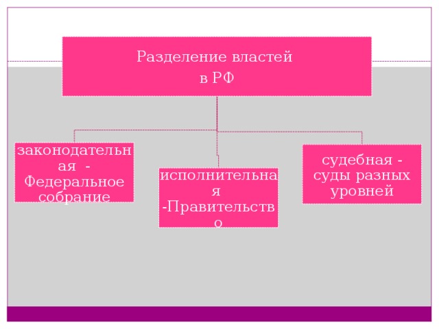 Разделение властей в РФ законодательная - Федеральное собрание судебная - суды разных уровней исполнительная -Правительство