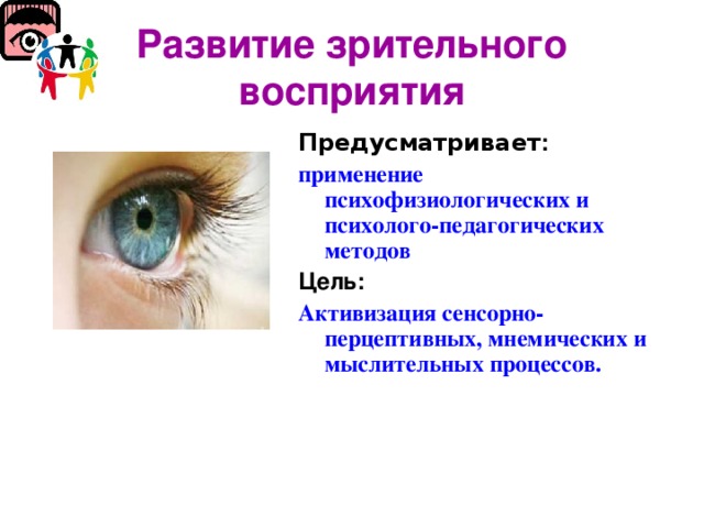 Развитие зрительного восприятия Предусматривает : применение психофизиологических и психолого-педагогических методов Цель: Активизация сенсорно-перцептивных, мнемических и мыслительных процессов.