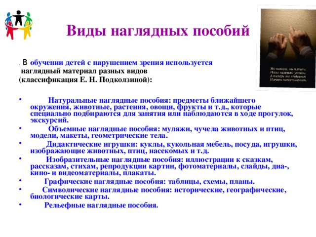 Виды наглядных пособий . В обучении детей с нарушением зрения используется  наглядный материал разных видов (классификация Е. Н. Подколзиной):