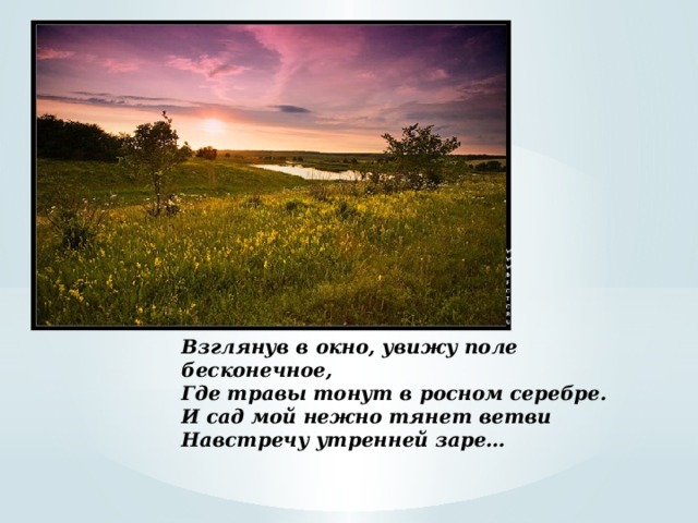 Взглянув в окно, увижу поле бесконечное, Где травы тонут в росном серебре. И сад мой нежно тянет ветви Навстречу утренней заре…