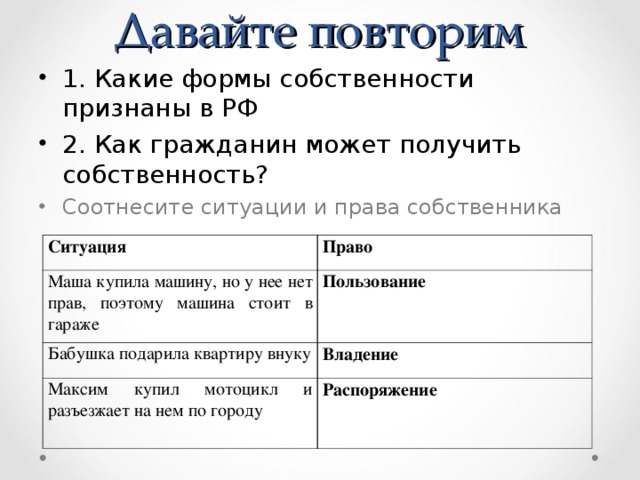 Давайте повторим 1. Какие формы собственности признаны в РФ 2. Как гражданин может получить собственность? Соотнесите ситуации и права собственника   Ситуация Маша купила машину, но у нее нет прав, поэтому машина стоит в гараже Право Бабушка подарила квартиру внуку Пользование Владение Максим купил мотоцикл и разъезжает на нем по городу Распоряжение