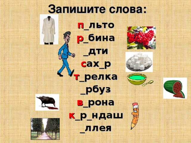 Запишите слова: п _льто р _бина _дти с ах_р т _релка _рбуз в _рона к _р_ндаш _ллея