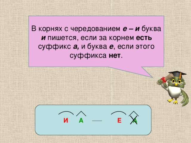 В корнях с чередованием е – и буква и пишется, если за корнем есть суффикс а, и буква е , если этого суффикса нет .  И  А  Е  А