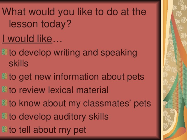 What would you like to do at the lesson today? I would like …