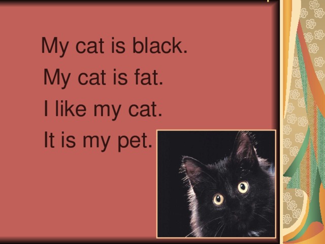 I  My cat is black.  My cat is fat.  I like my cat.  It is my pet.