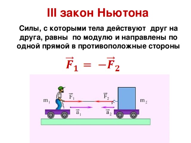 III закон Ньютона Силы, с которыми тела действуют друг на друга, равны по модулю и направлены по одной прямой в противоположные стороны