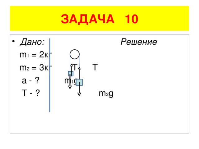 ЗАДАЧА 10 Дано: Решение  m 1 = 2 кг    m 2 = 3 кг Т Т  a - ?  m 1 g    T - ? m 2 g