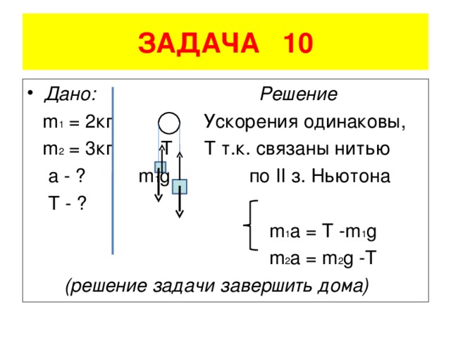 ЗАДАЧА 10 Дано: Решение  m 1 = 2 кг  Ускорения одинаковы,  m 2 = 3 кг Т Т т.к. связаны нитью  a - ?  m 1 g по II з. Ньютона  T - ?   m 1 a = T - m 1 g  m 2 a = m 2 g - T   (решение задачи завершить дома)